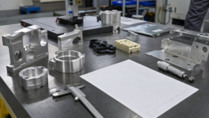 Machined aluminum parts, inspection tools, and an unreadable engineering drawing arranged on a clean worktable.