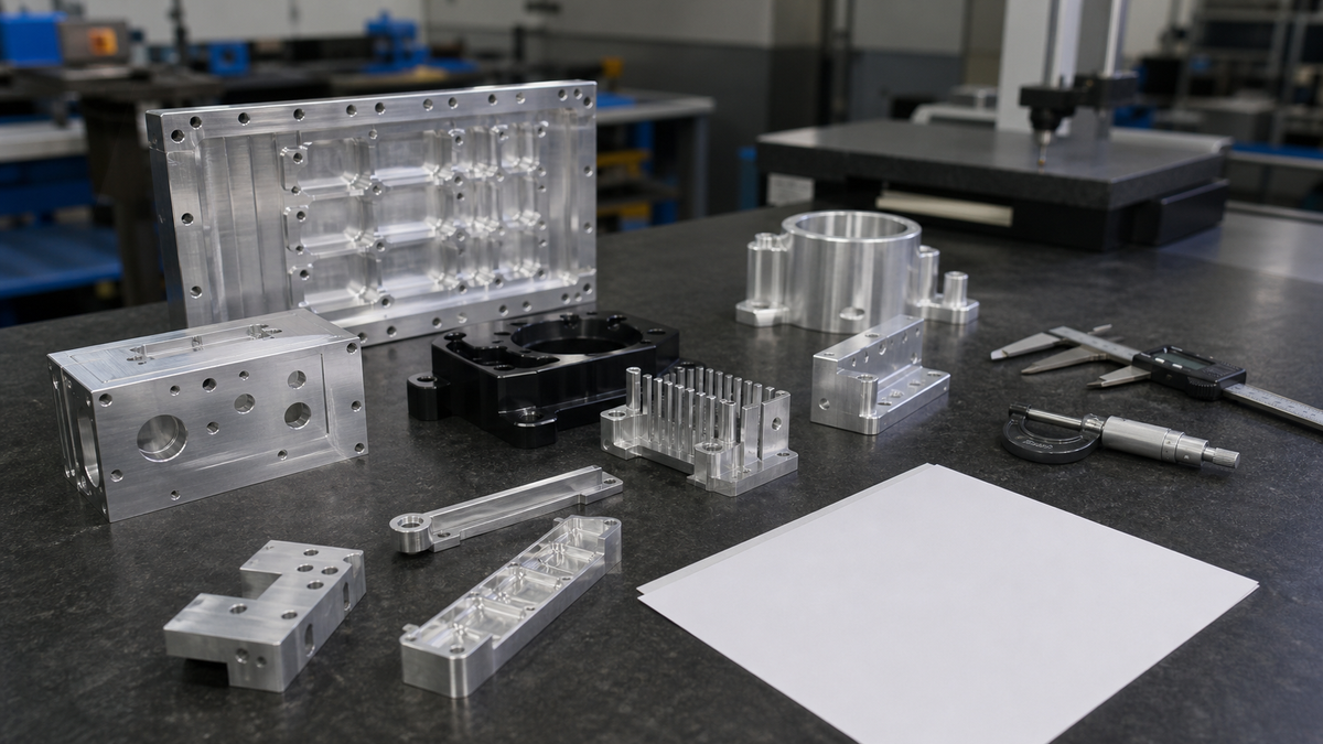 Machined metal samples and surface finish coupons arranged beside a caliper.