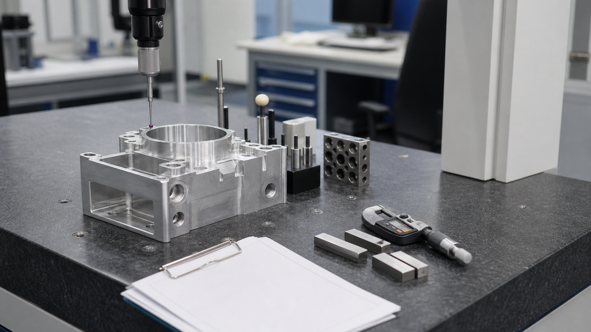 Coated machined plate being checked with a micrometer on an inspection table.