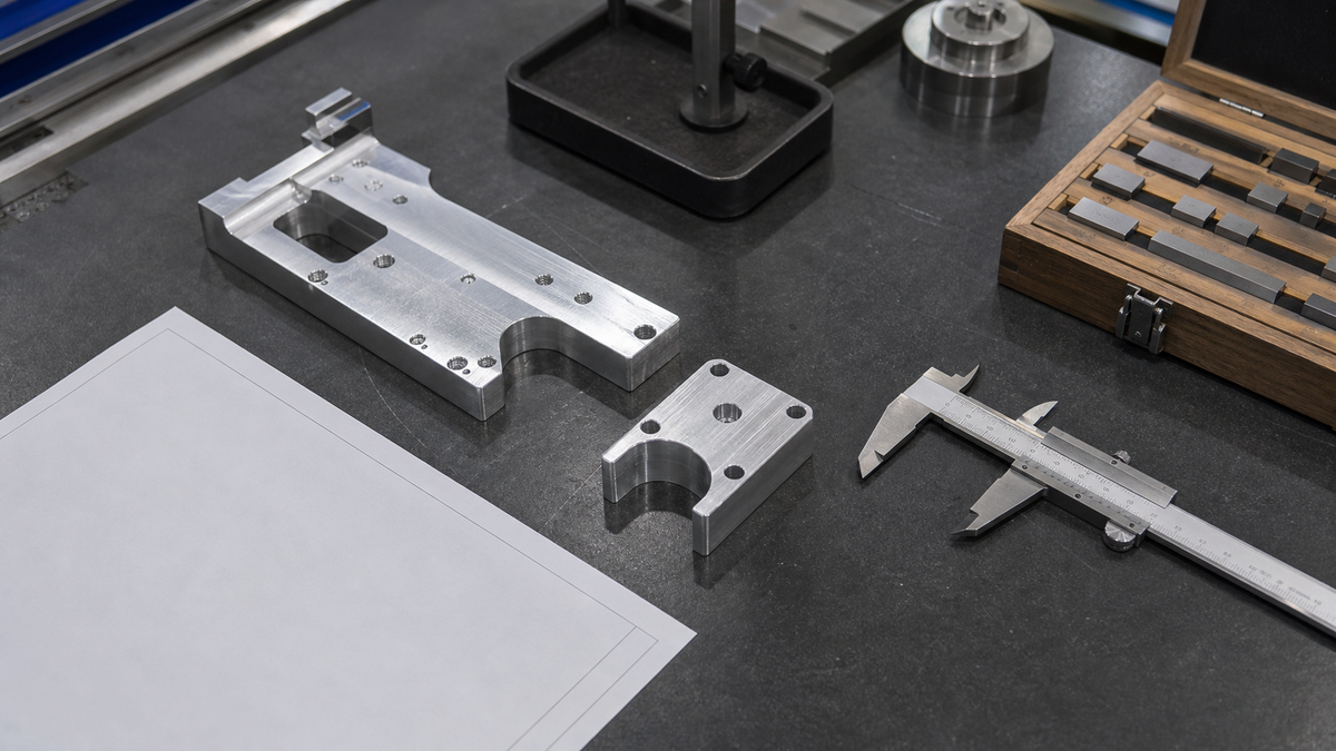 Prototype And Production Samples Groups of machined aluminum parts arranged on a workbench to suggest prototype, pilot, and production stages.