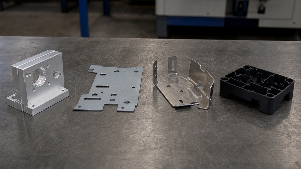 Complete RFQ Package Machined aluminum part, unreadable drawing, CAD screen, calipers, and material sample arranged for RFQ review.