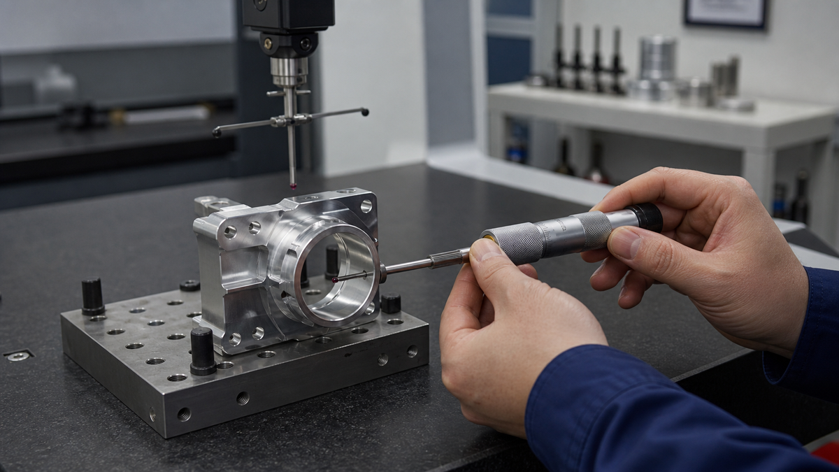 CNC milled aluminum parts with visible machined surface texture on an inspection bench.