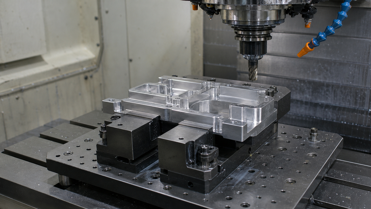 Tolerance Inspection Setup Machined aluminum parts being checked with calipers and a micrometer on an inspection table.
