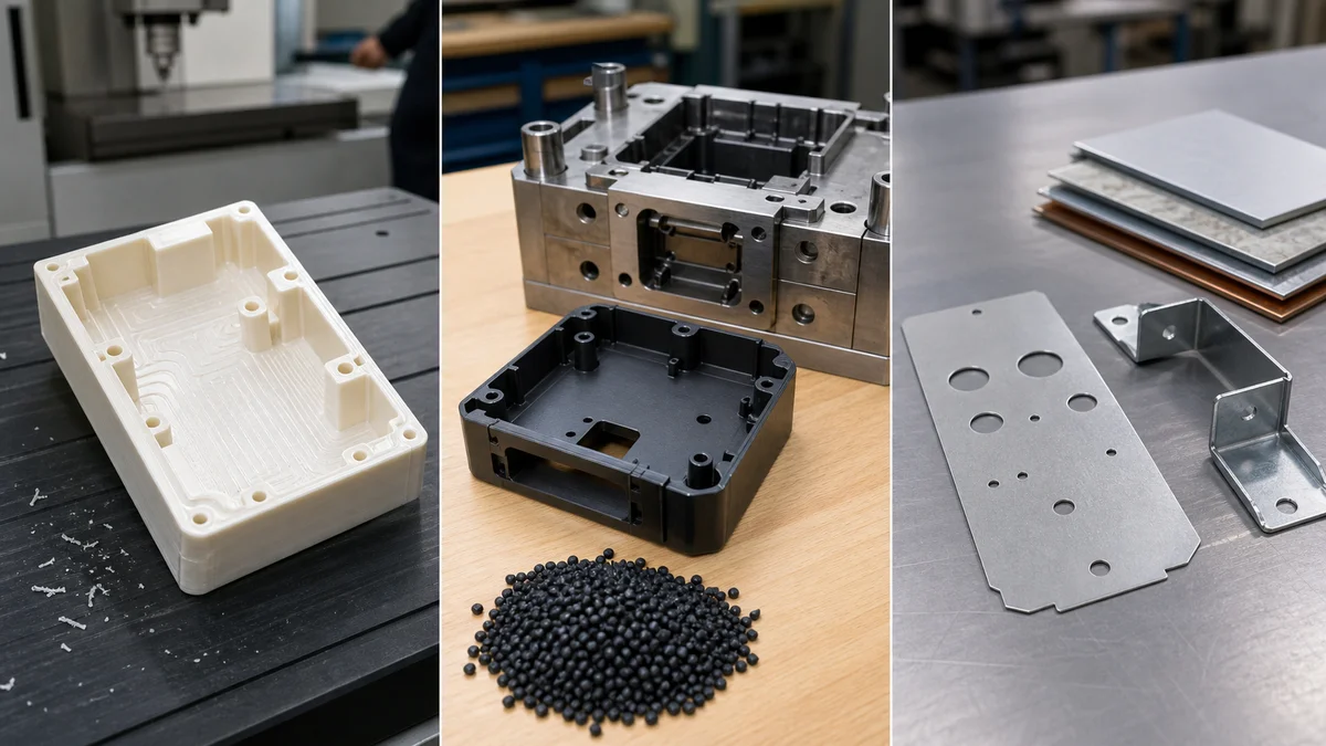 A machined plastic housing, molded housing with resin pellets, and punched and stamped sheet metal parts shown separately.