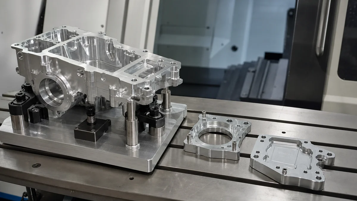 A complex fixtured part displayed beside two simpler components designed for assembly.