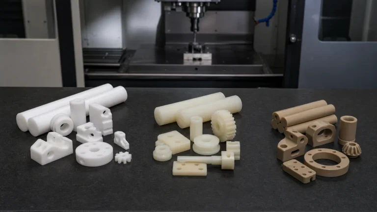 White, natural, and tan CNC machined plastic components arranged beside matching raw stock on an inspection table.