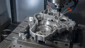 Thin-walled aluminum housing secured inside an enclosed CNC milling machine.
