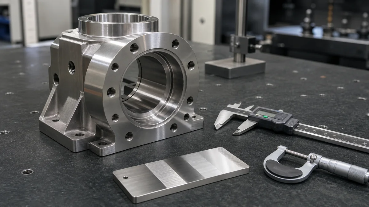 Critical Features Inspection Machined stainless housing with a precision bore, sealing face, hole pattern, caliper, micrometer, and finish sample.