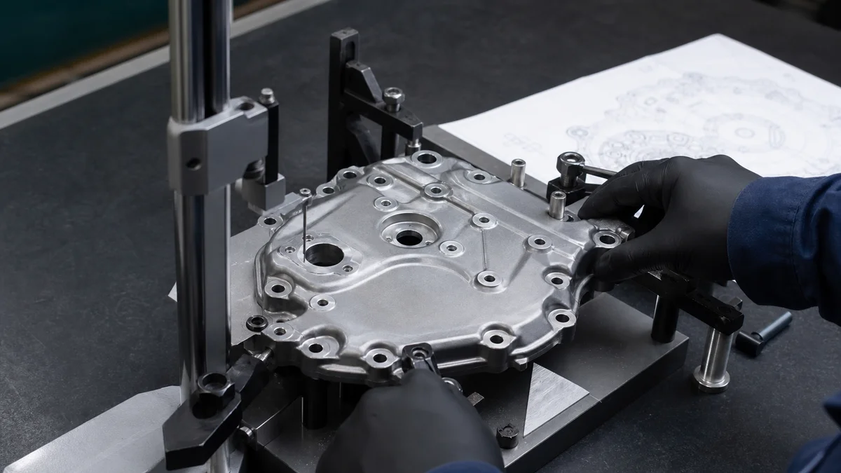 Machined cover with a multi-hole pattern positioned on an inspection fixture beside a revision drawing.