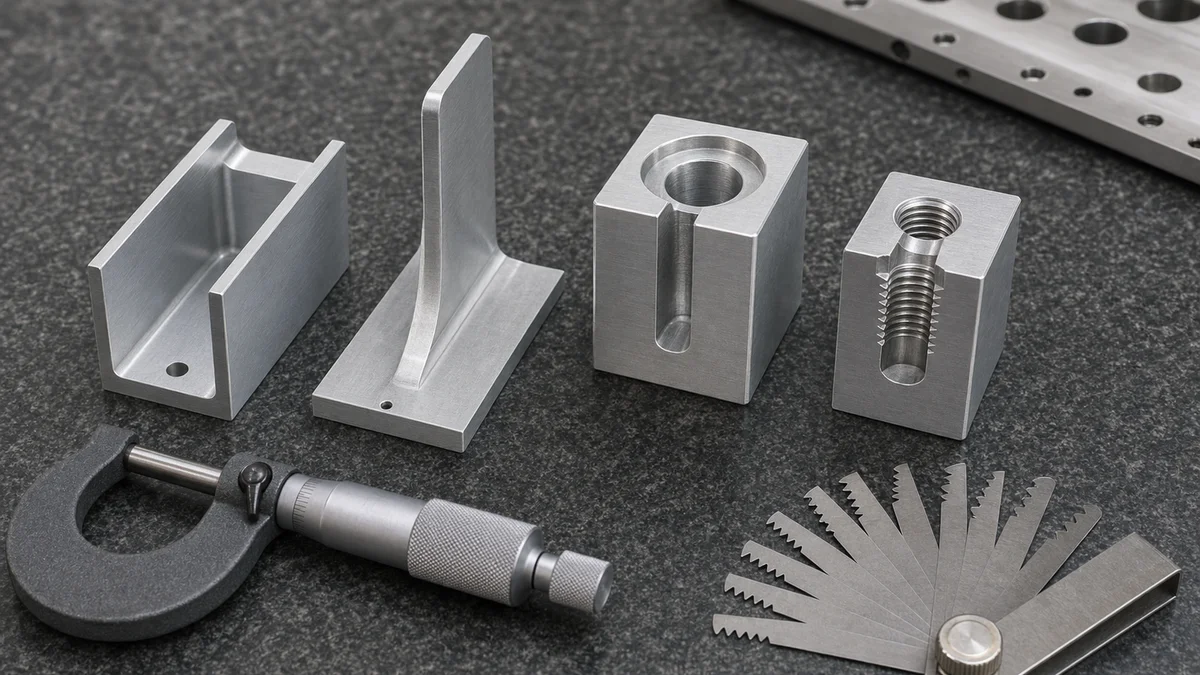 Machined samples with thin walls, ribs, blind holes, and threads arranged with inspection tools.