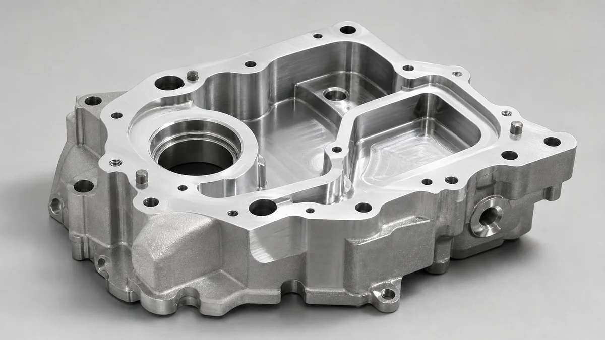 Machined aluminum housing with a sealing face, dowel holes, clearance holes, and an internal pocket.