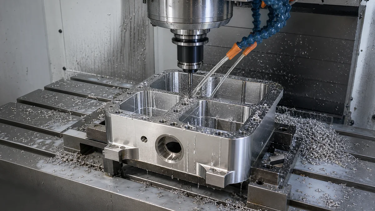 Deep-Pocket Stainless Machining CNC cutter machining deep pockets and thin partitions in a stainless steel housing with coolant.