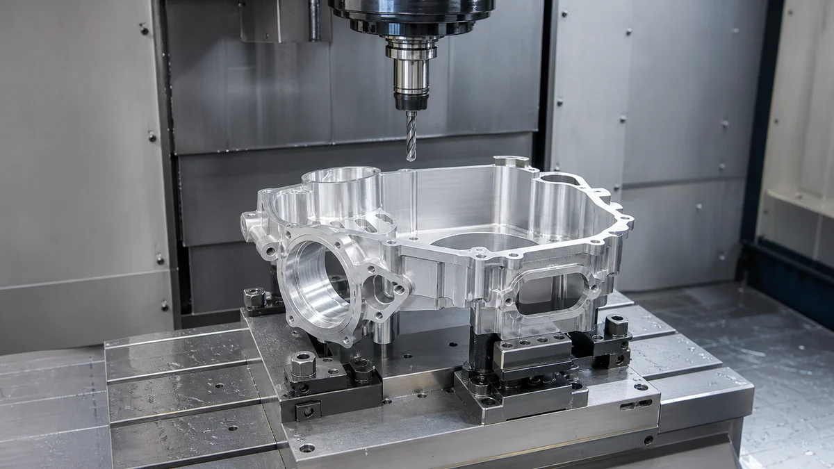 Complex aluminum housing with deep pockets and side features held in a CNC machining fixture.