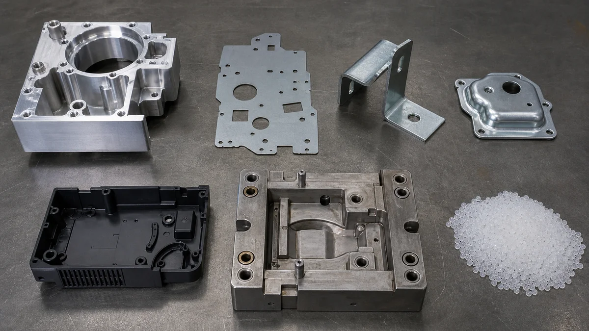 CNC machined, punched, fabricated, stamped, and molded parts displayed separately on an industrial table.