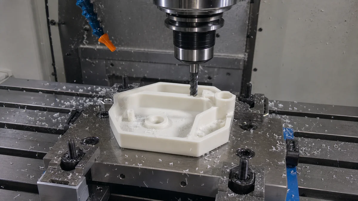 A CNC milling setup showing tool access to a plastic part with a deep pocket and thin walls.