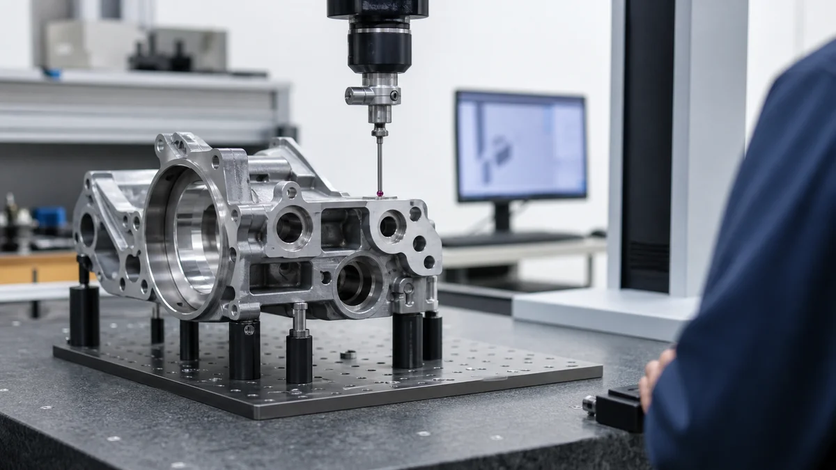 Complex Part Inspection Multi-face machined part being measured on an inspection table with precision tools.