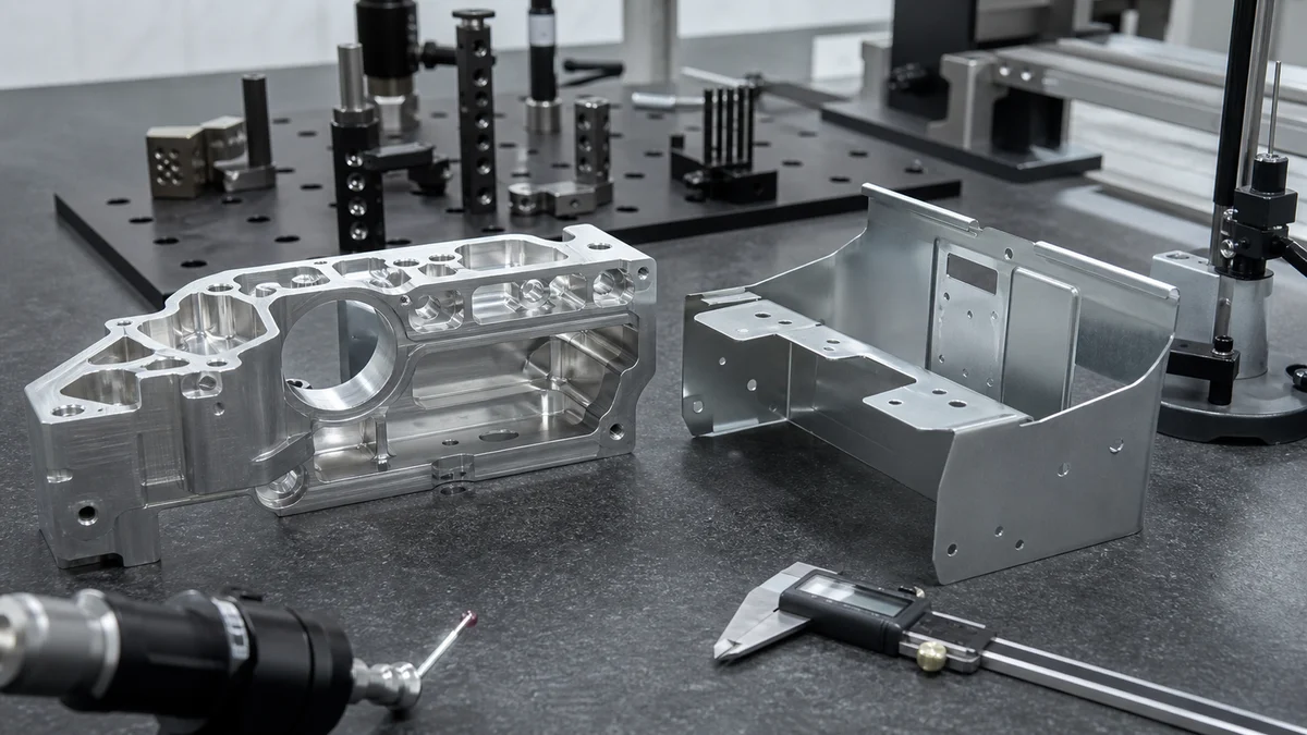 Thin-walled machined part and formed sheet metal component arranged with inspection fixtures and measuring tools.