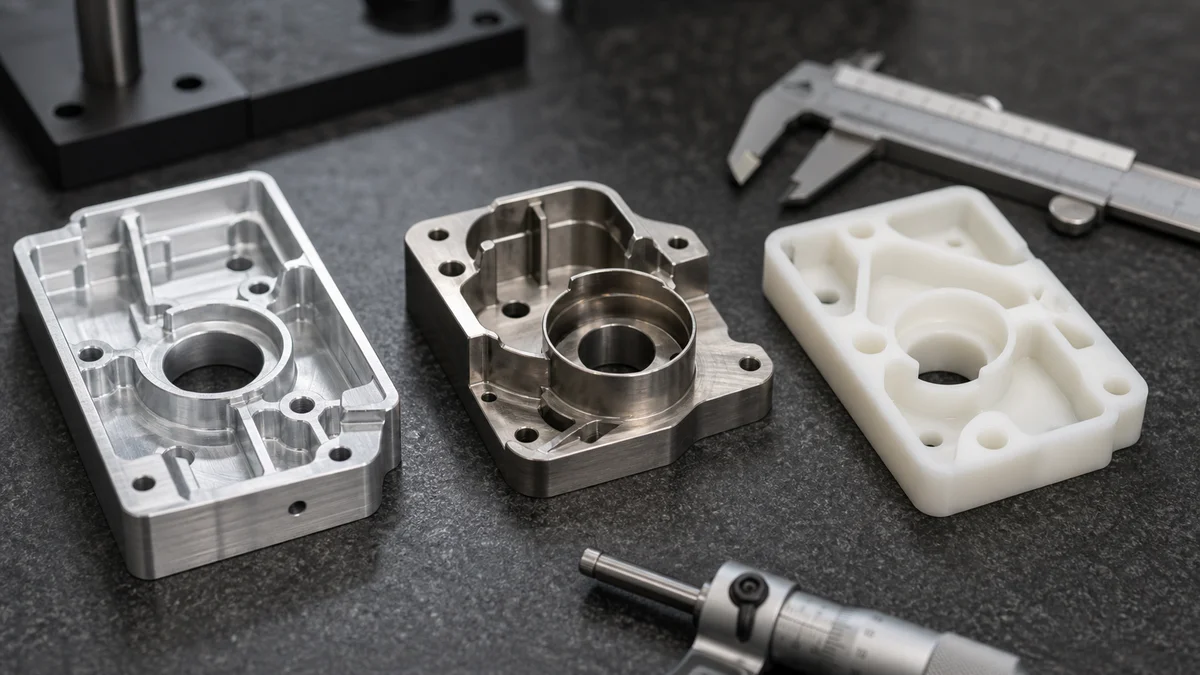 Thin-walled aluminum, stainless steel, and plastic machined samples beside inspection tools.
