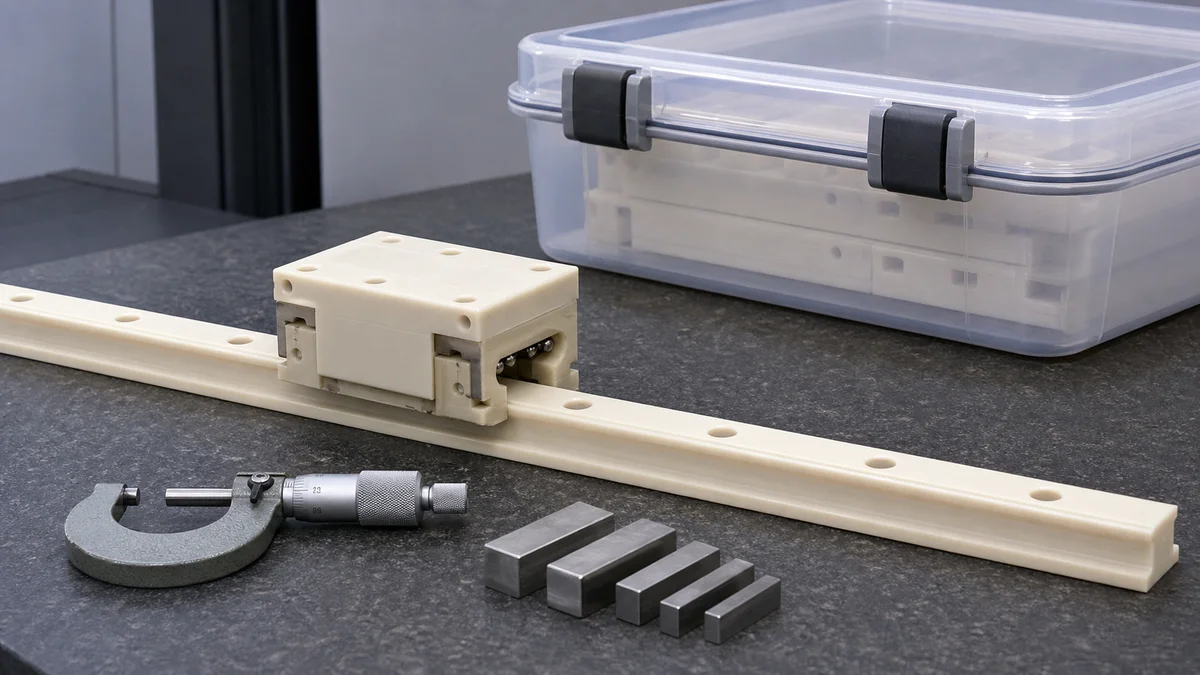 A natural-colored machined plastic guide being checked beside a mating rail and dimensional inspection tools.