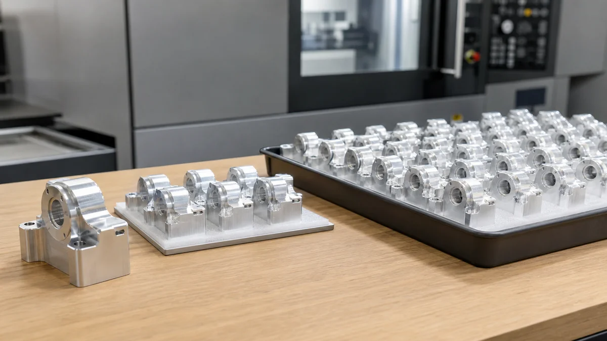 Single prototype, pilot group, and repeat batch of machined aluminum parts arranged separately.