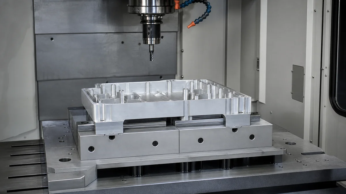 Thin-walled aluminum part supported in soft jaws with a short cutter above the pocket.