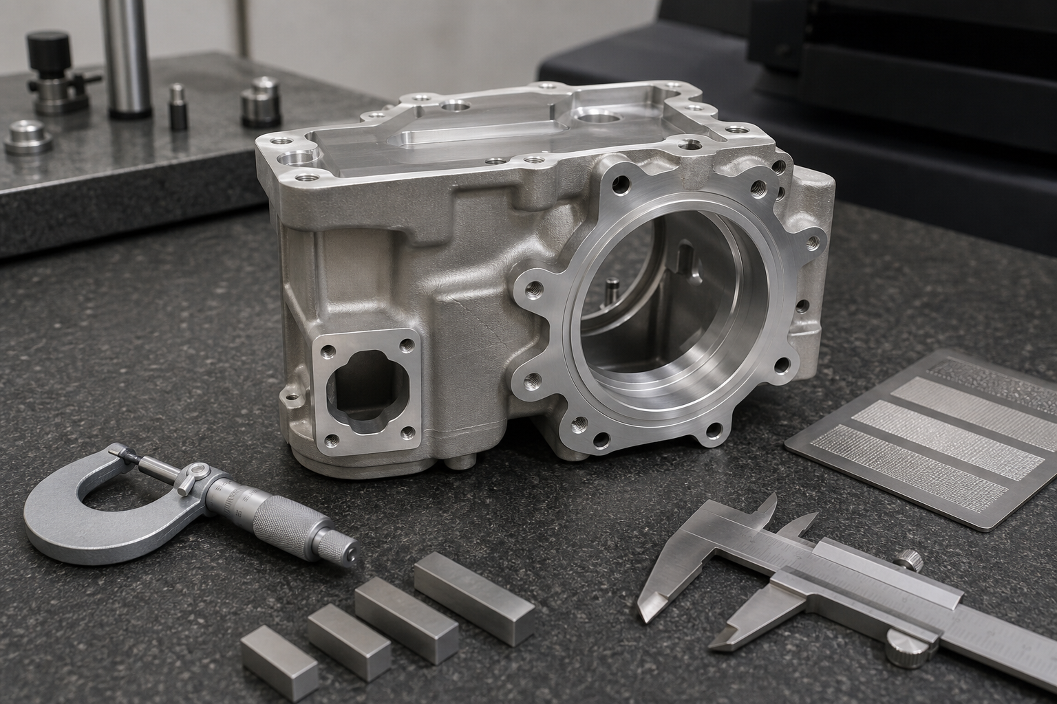 Machined Aluminum Parts Inspection Aluminum housing on an inspection table beside a bore gauge, micrometer, caliper, and surface finish sample.