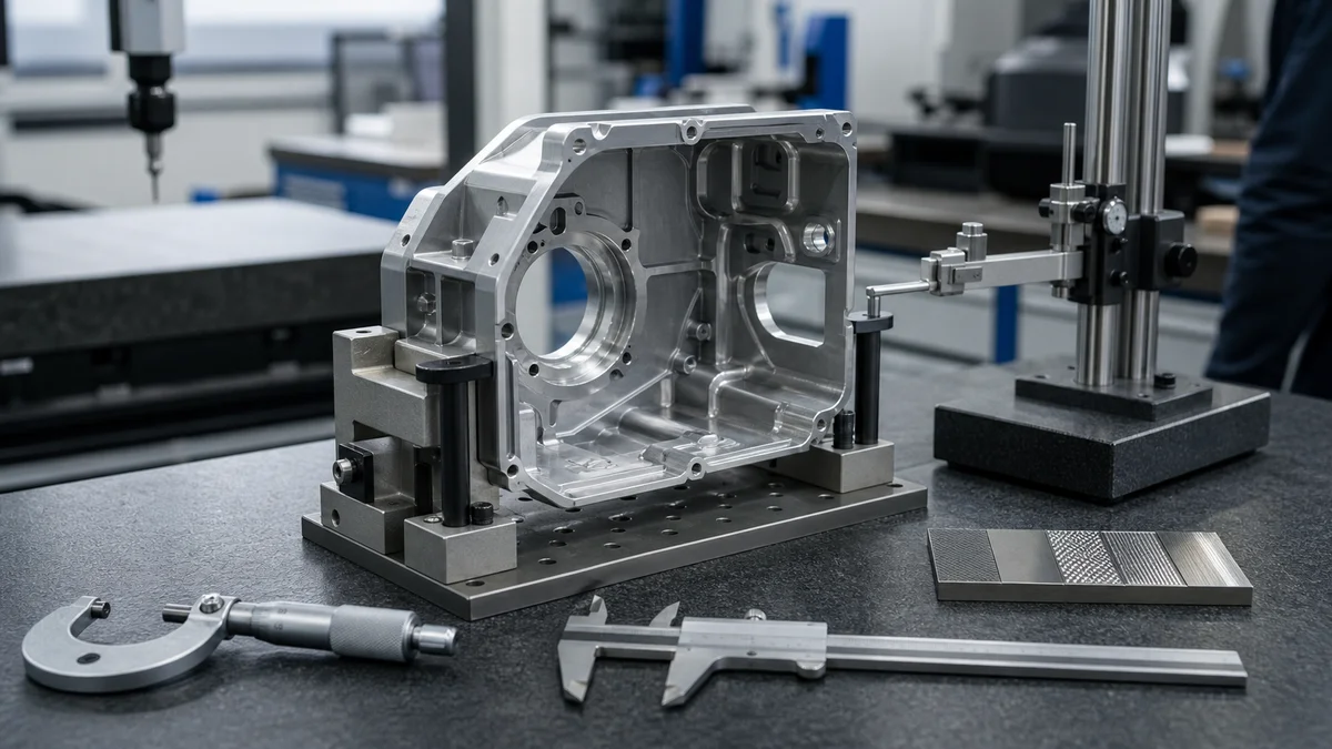 Thin-walled machined aluminum housing arranged with dimensional inspection tools.