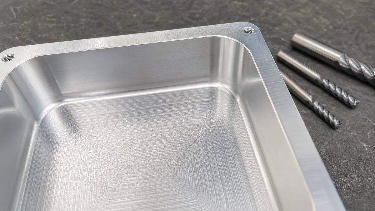 Machined aluminum pocket with uniform walls and rounded internal corners.