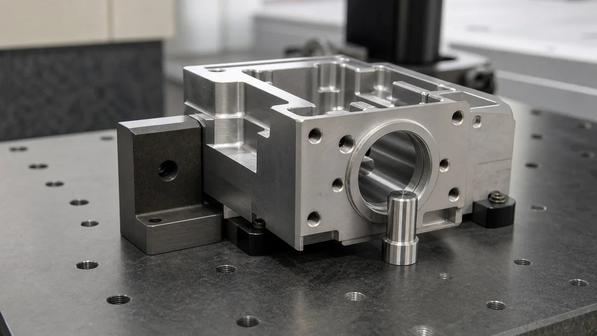 Machined housing located by a base surface, bore reference pin, and side stop to illustrate functional datums.