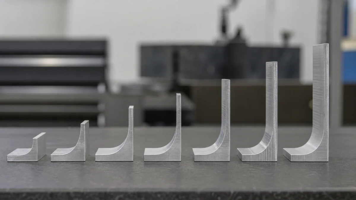 Machined aluminum samples with progressively taller unsupported walls shown from the side.