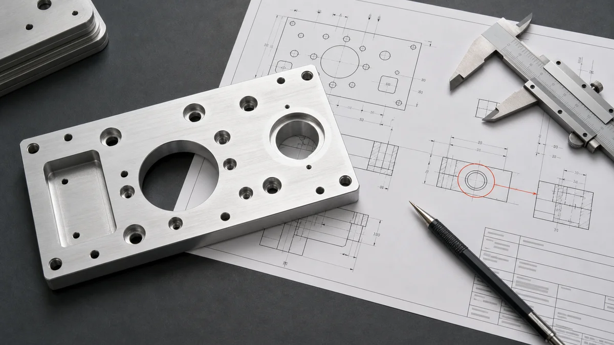 Machined aluminum plate, caliper, and technical drawing arranged for a general tolerance review.