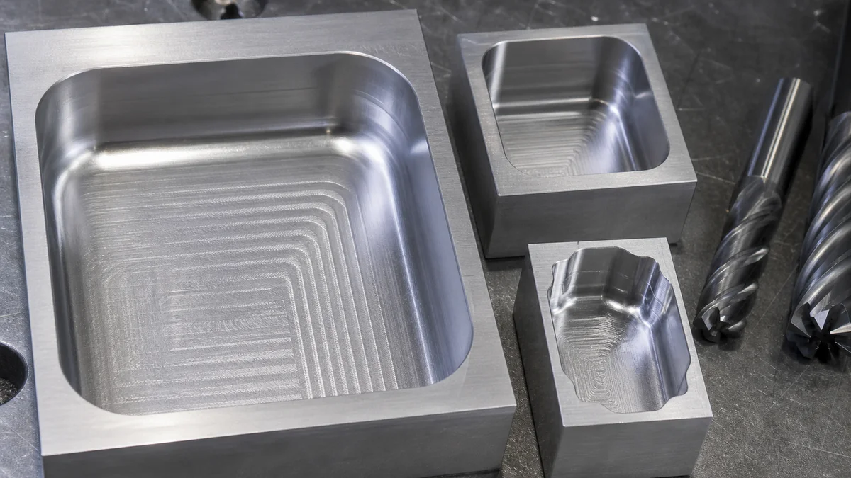 Machined aluminum pockets with different internal corner radii displayed beside end mills.