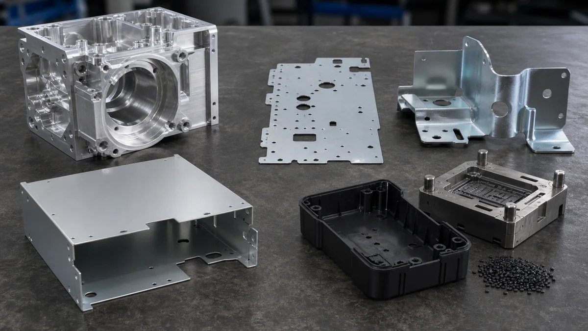 Machined, punched, stamped, fabricated sheet metal, and molded plastic parts displayed as separate process examples.