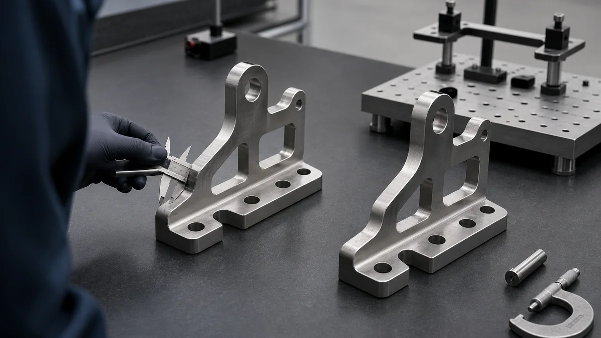 Stainless Bracket Load Review Two identical machined stainless steel brackets beside a caliper and a simple loading fixture.