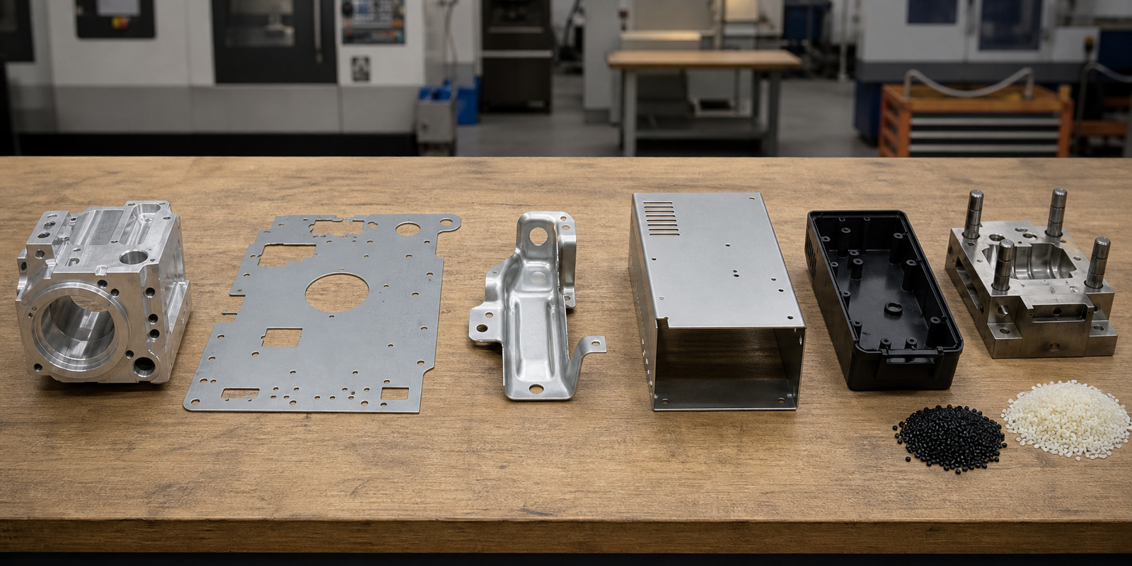Manufacturing Process Comparison Machined aluminum housing, punched sheet blank, stamped bracket, bent enclosure, and molded plastic housing shown separately.