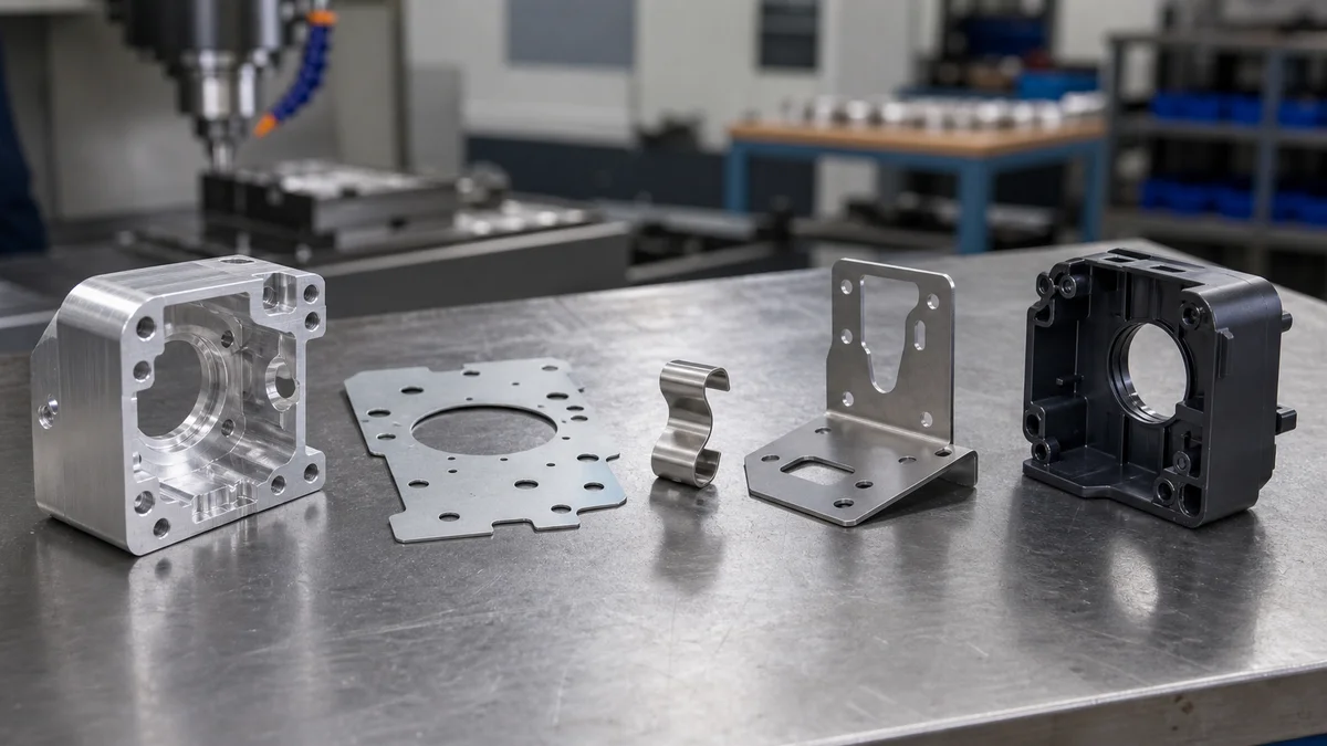 Machined and Formed Parts CNC machined housing, punched sheet blank, stamped clip, bent sheet bracket, and molded plastic housing displayed together.