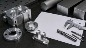 Machined aluminum components, cutting tools, raw stock, and a caliper arranged on an inspection table.