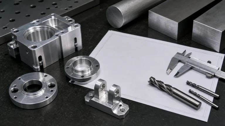 Machined aluminum components, cutting tools, raw stock, and a caliper arranged on an inspection table.