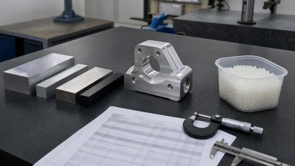 Metal stock samples, a machined part, resin pellets, and material paperwork arranged on an inspection bench.