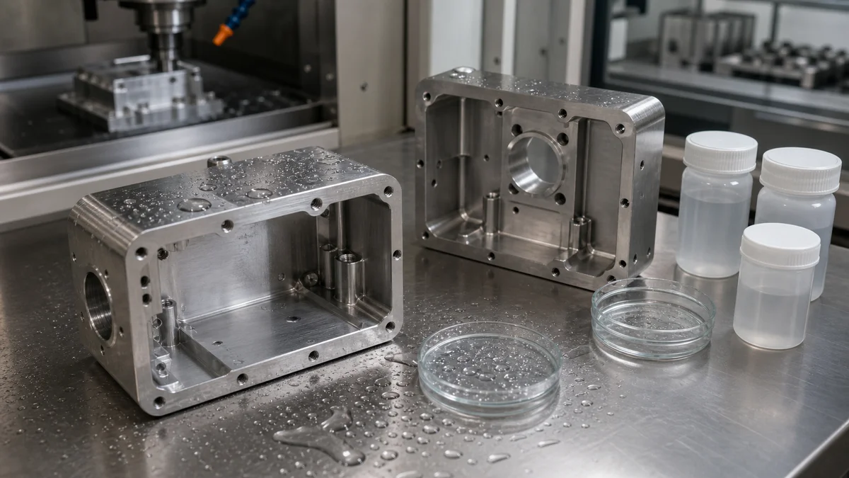 Stainless Parts and Exposure Samples Machined stainless steel housings beside water droplets and sealed unlabeled exposure sample containers.