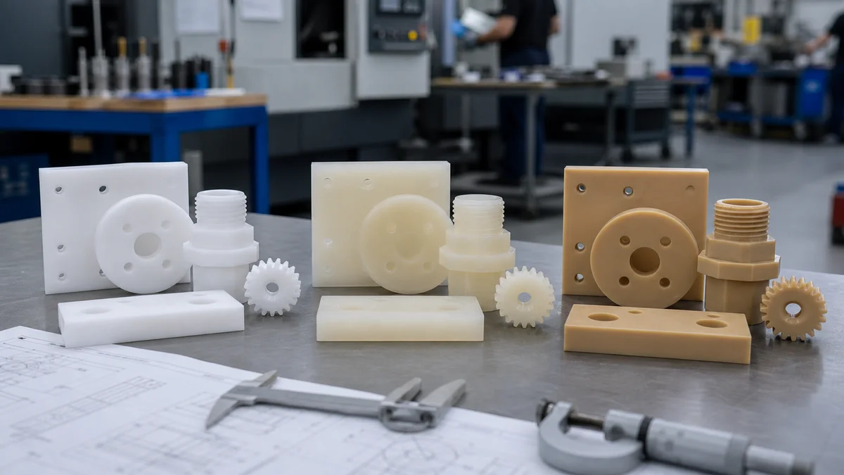 Three groups of machined plastic samples displayed with a gear, wear pad, and fluid fitting.