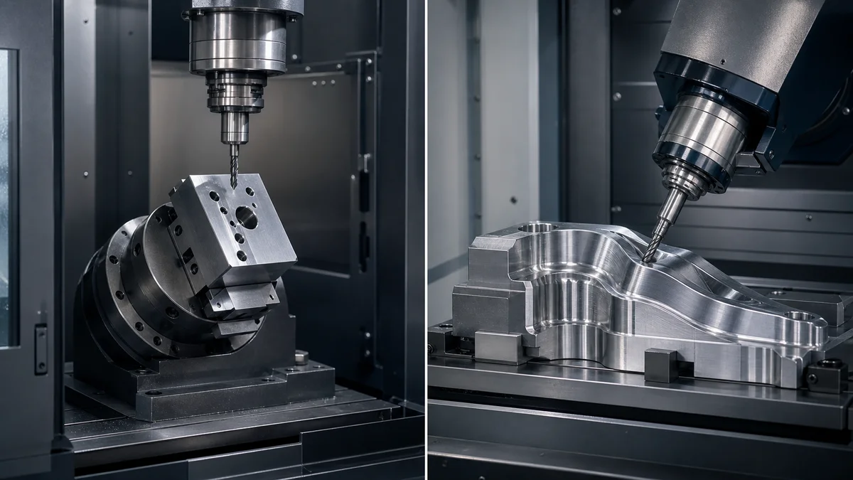 Three CNC Axis Configurations Three machined metal parts showing prismatic, fixed-angle, and continuously curved geometry.