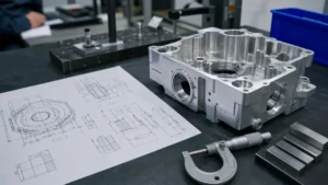 Machined aluminum housing beside an engineering drawing and precision measuring tools on an inspection table.