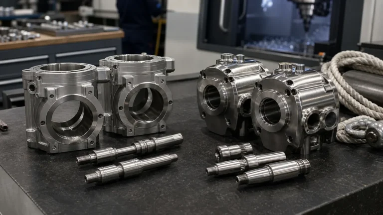 Two groups of precision-machined stainless steel housings and shafts arranged side by side on an inspection table.