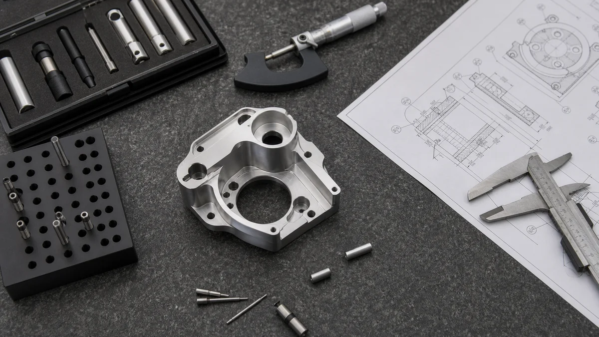Machined component with micrometer, calipers, gauge pins, and a balloon-style drawing on an inspection table.