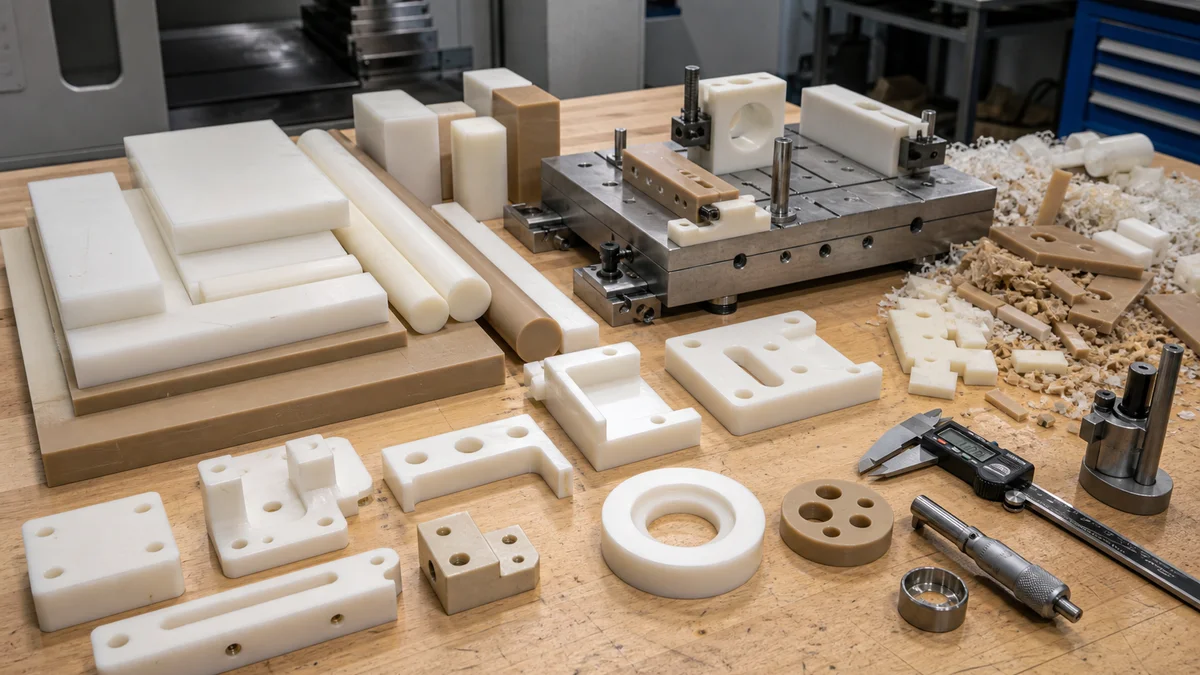 Engineering plastic stock, offcuts, fixtures, and finished machined parts arranged for manufacturing review.