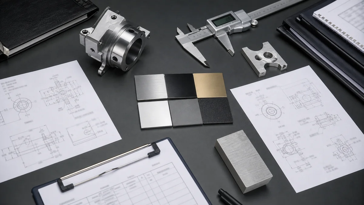 Machined part, finish samples, calipers, material sample, and controlled drawings arranged for RFQ preparation.