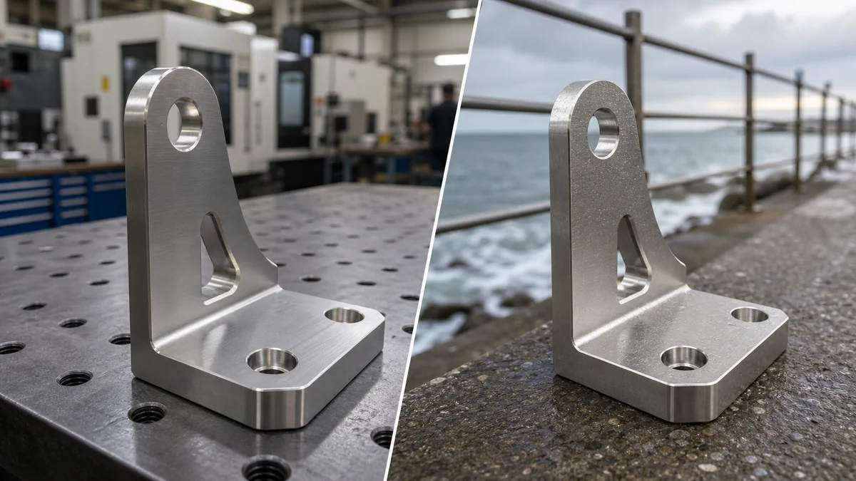 Dry and Coastal Brackets Two identical machined stainless brackets shown in dry indoor and moist coastal service contexts.