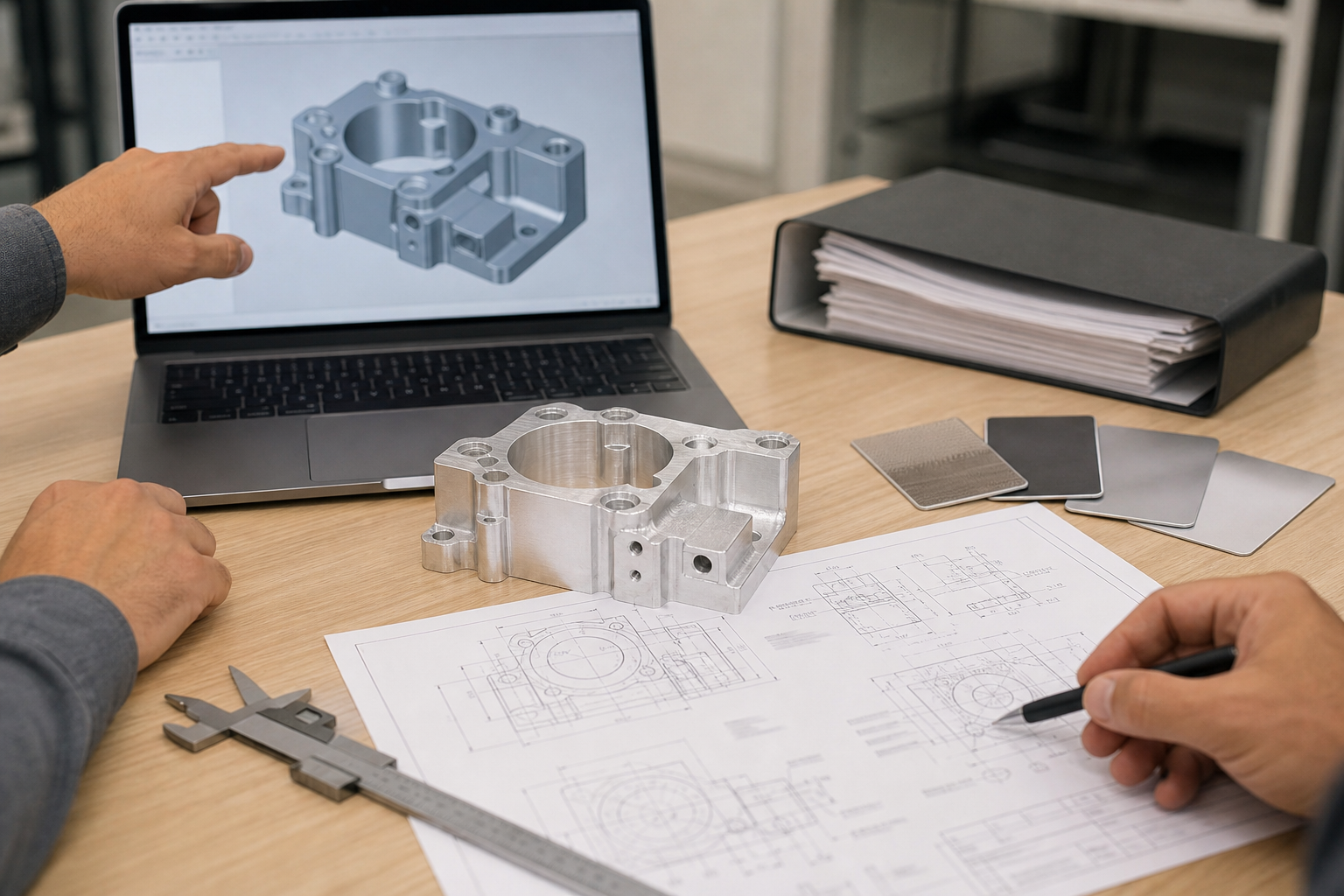 CNC RFQ Review Table Machined aluminum part beside a CAD display, controlled drawing, caliper, and surface finish samples.