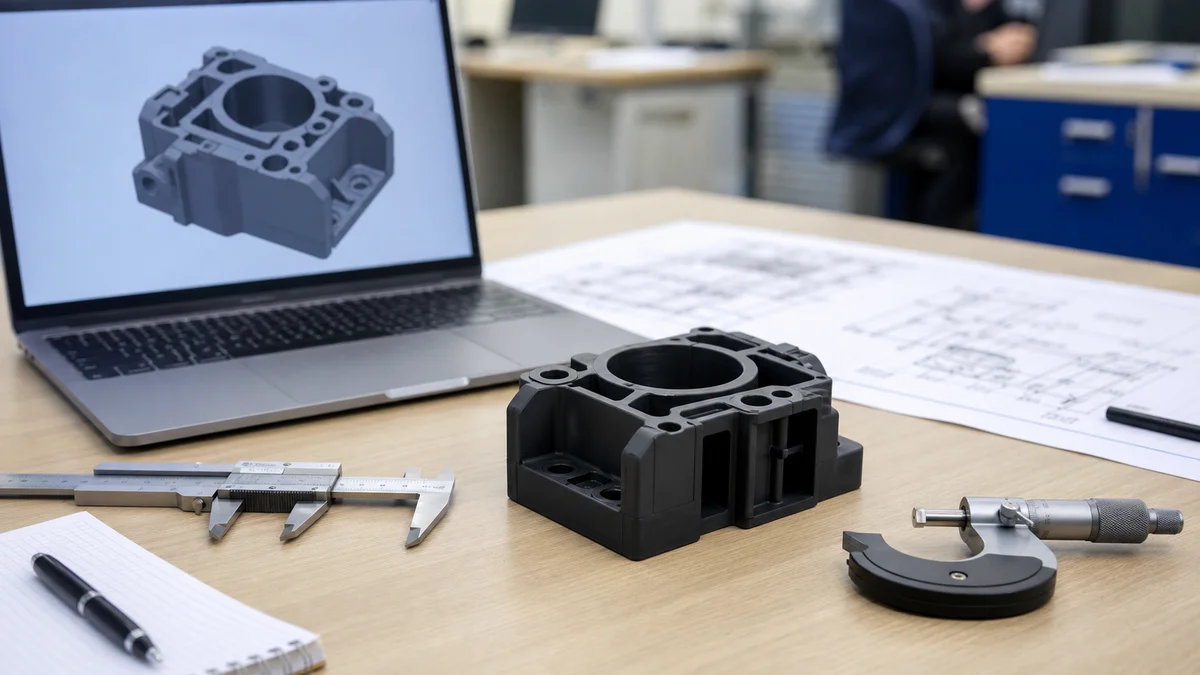 A machined plastic component, inspection tools, CAD model, and technical drawing arranged for RFQ review.